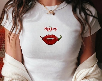 Spicy Chili Lips Baby Tee, Sassy Red Pepper Shirt, Y2K Organic Cotton Crop Top