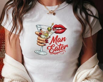 Man Eater Martini Baby Tee, Retro Pop Art Crop Top, Sassy Y2K Graphic Shirt