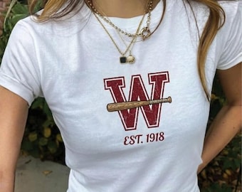 Personalized Vintage Baseball Initial Baby Tee, Custom Year Game Day Shirt, Y2K Crop Top