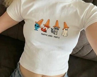 Funny Traffic Jams Baby Tee, Traffic Cone Animals Shirt, Quirky Weirdcore Crop Top