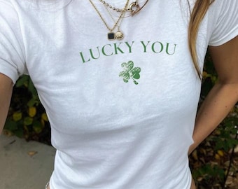 Lucky You Clover Baby Tee, Organic Cotton Y2K Crop Top