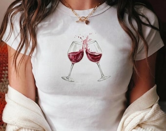 Red Wine Glasses Baby Tee, Cheers Graphic Crop Top, Y2K Girls Night Out Shirt