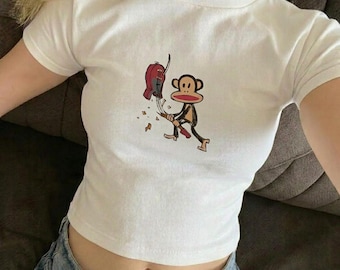 Smashing Guitar Monkey Baby Tee, Pop Punk Rockstar Shirt, Y2K Nostalgia Crop Top