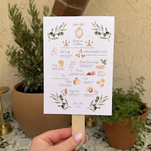 May include: A rectangular white card with a wooden handle featuring watercolor illustrations of olive branches, a mirror, candelabras, and various food items with descriptive text explaining their symbolic meanings for a wedding ceremony.