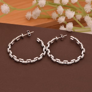 925 Sterling Silver Moissanite Hoop Earrings | D Color, VVS1 | 0.90 Ctw Baguette & Round Modern Hoops | Minimalist Wedding Jewelry