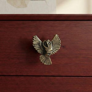 May include: A bronze-colored owl-shaped cabinet pull with outstretched wings is mounted on a dark red wooden drawer. The owl's detailed feathers and facial features are visible. The background includes a piece of abstract art.