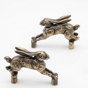 Op de afbeelding: Twee bronzen konijnenbeeldjes in een springhouding. De konijnen hebben gedetailleerde vacht en lange oren, gemonteerd op korte, cilindrische voetstukken. Waarschijnlijk decoratieve items.
