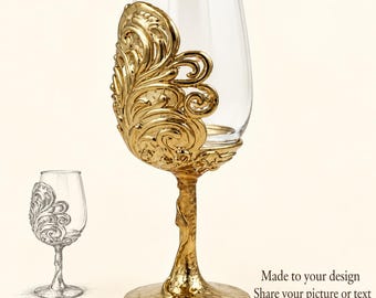 Weingläser mit Blattmotiv, botanische Metallstiele, Gold-, Silber- oder Antik-Finish