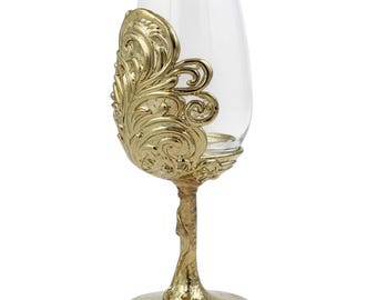 Set om 2/4 | Set med bladdesignade vinglas | Elektroformade glas i guld/silver/antik
