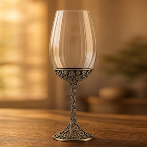May include: A clear glass wine goblet featuring a decorative metallic base and stem. The metal component is finished in an antique bronze tone and is intricately embossed with a detailed floral pattern covering the entire stem and base.