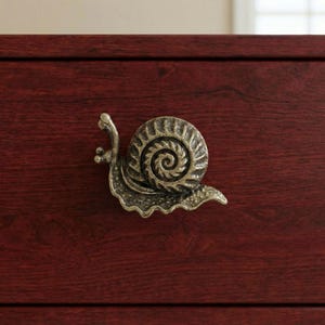 May include: A bronze-colored snail-shaped cabinet pull. The pull is mounted on a dark red-brown wooden surface. The snail's shell has a spiral design, and the body is detailed with ridges.