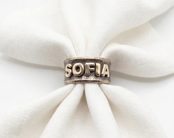 Personalized Napkin Rings Set of 4, Custom Brass Name Settings, Antique Gold Wedding Decor