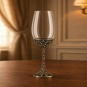 Taça de vinho em latão vazado com lírio-do-vale de maio, flor de nascimento personalizada.