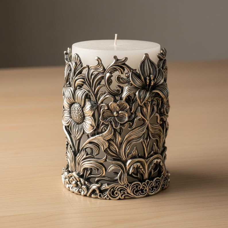 Pu&ograve; includere: Una candela a colonna bianca &egrave; all'interno di un portacandele in metallo argentato e ornato. Il supporto presenta un design floreale dettagliato con girasoli, gigli e altri fiori. Il portacandele misura circa 10 cm di diametro e 13 cm di altezza.