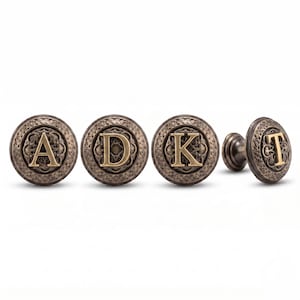 Personliga bokstavsknoppar | Set med 2/4 lådhandtag med monogrammotiv i antik mässingsfinish