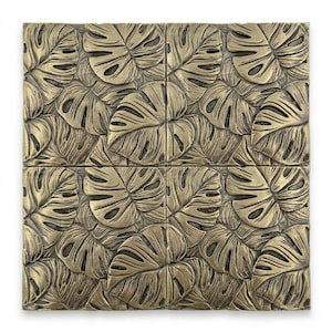 Tegelpanelenset monsterablad – antiek messing wandtegels (4 stuks, 6 x 6 stuks) | Getextureerde patina metalen backsplash | Tropisch botanisch decor