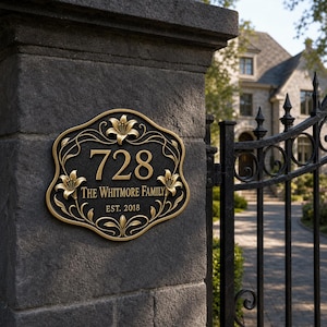 May include: A black and gold oval house address plaque featuring the number 728, the text THE WHITMORE FAMILY, and EST. 2018. The plaque is decorated with embossed lily flower motifs and scrolling vine patterns along the border edges.