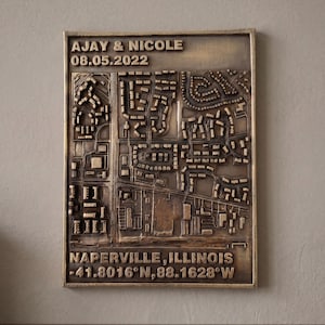May include: A bronze-colored, rectangular plaque with a detailed 3D map of Naperville, Illinois. The plaque includes the names "AJAY & NICOLE" and the date "08.05.2022" at the top. The city name and coordinates are at the bottom. The plaque is framed.
