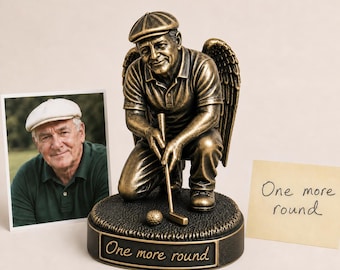 Personalised Golf Memorial Figurine from Photo, Antique Brass Angel Statue, Dad Remembrance Gift