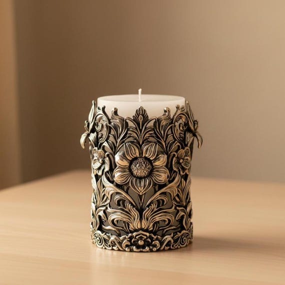 Personalisable Floral Pillar Candle Holder, Sculptural Metal Art (Antique Finish)