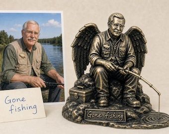 Personalised Fishing Memorial Figurine from Photo, Antique Brass Angel Statue, Grandpa Remembrance Gift