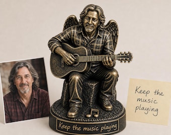 Personalised Guitar Memorial Figurine from Photo, Antique Brass Angel Statue, Musician Remembrance Gift