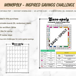 Puede incluir: Un tablero de juego imprimible "Save-opoly" con temática de Monopoly. El juego incluye un tablero de juego de presupuesto, un rastreador de ingresos y mini desafíos. El texto en el tablero dice "Save-opoly" y "A Monopoly-Inspired Budget Game".