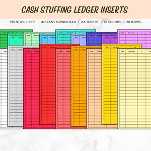 May include: A selection of colourful cash stuffing ledger inserts. The inserts are available in 18 colours and feature 28 rows for tracking expenses. The text at the top reads "CASH STUFFING LEDGER INSERTS". The inserts are designed as A6 inserts and are available as a printable PDF for instant download.