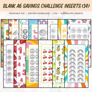May include: A collection of colorful A6 savings challenge inserts. The inserts feature various designs, including fruits, flowers, smiley faces, and rainbows. Text on the inserts reads "BLANK A6 SAVINGS CHALLENGE INSERTS (14)". Each insert is approximately 3"x6".