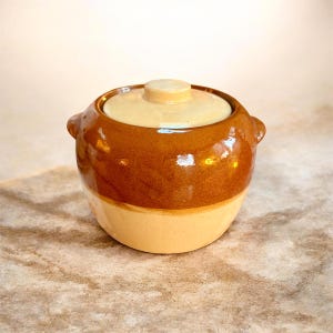 May include: A small, round ceramic pot with a lid. The pot is two-toned, with a light beige base and a glossy brown upper section. The lid is light beige with a small, round handle. Two small handles are on the sides.