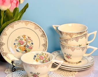 VTG Set Of 4 Sheffield Oval  Salem Indian Tree Cups And Saucers 23K gold