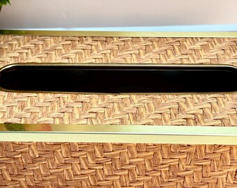 vintage rattan look and brass tissue box holder free standing, wall McM boho