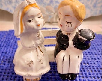 Vintage Salt Pepper Shakers Wedding Bride Groom on Bench Japan