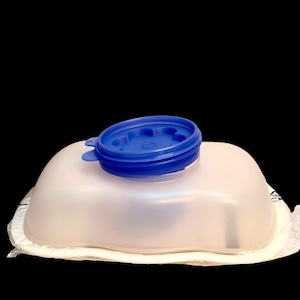 May include: A translucent, rectangular plastic container with rounded corners and a vibrant blue circular lid. The lid features a molded flower-like design in the center. The container is partially wrapped in clear plastic packaging.