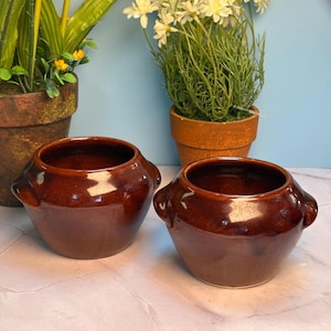 May include: Two matching dark brown ceramic pots with rounded bodies and small side handles. Each pot features a smooth, glossy glaze finish and a wide circular opening at the top, designed for holding small plants or decorative items.