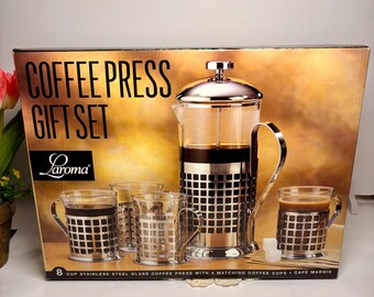 LAROMA Coffee Press Gift Set of Stainless Steel Glass Coffee Press 4 cups NIB