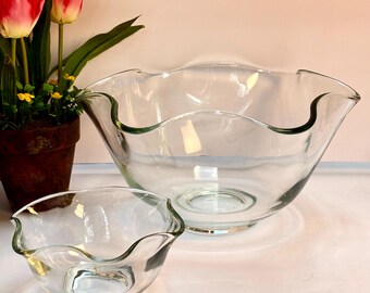 Vtg Anchor Hocking scalloped crimped clear Glass Chip And Dip set MCM