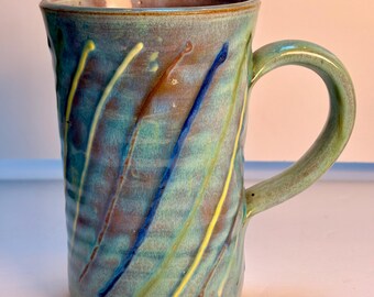 Vtg Earthworks Pottery Barbados | Blue and Teal Mug Spiral wheel thrown handmade
