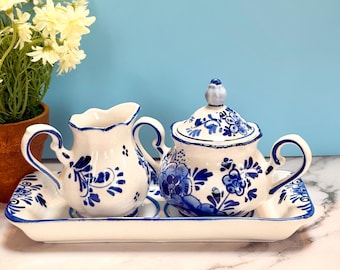 Vtg Delft Blue color Sugar Bowl, Creamer & Tray Holland Dutch Windmill set  Handpainted