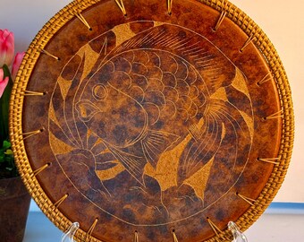 Vtg hand-etched red clay terracotta pottery wall plate woven rattan basket-weave Edging boho