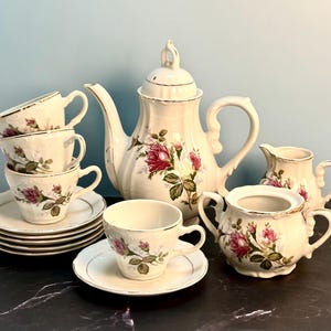 Vtg porcelain tea set roses made in Japan tea pot cups saucers sugar creamer Cottage core tea party