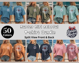 May include: A mockup bundle of 50 colorful surfer girl t-shirts. The image displays various t-shirt colors, including Columbia Blue, Heather Military Green, Dusty Blue, Orange, Vintage Navy, and Orchid. Each shirt features a front and back design with a lobster logo and the text "Lobster Mockups".