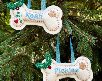 Adorno de hueso de perro de fieltro personalizado: Decoración navideña personalizada para mascotas