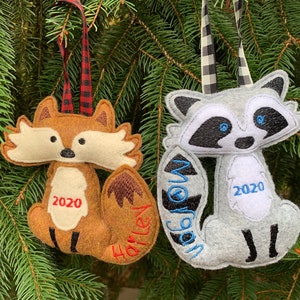 Personalized Felt Raccoon and Fox Ornaments, 2021 Ornament, Kids Custom Christmas Ornament, Rustic Christmas Decor, Woodland Christmas Tree