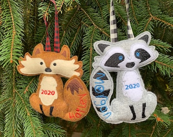 Personalized Felt Raccoon and Fox Ornaments, 2021 Ornament, Kids Custom Christmas Ornament, Rustic Christmas Decor, Woodland Christmas Tree