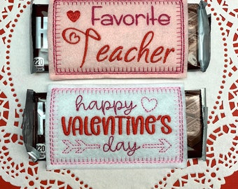 Valentine’s Day Candy Favor- Set of 2, Felt Embroidered Candy Bar Sliders, Kids Valentine Gift, Teacher Valentine, Co-worker Valentine Favor