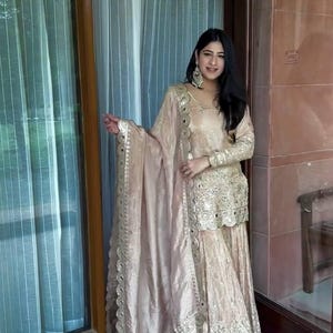 Sharara Set for Women with Embroidered Chinnon Silk Top, Sharara and Dupatta, Mirror Work, Fully Stitched, Indian Ethnic Outfit