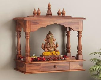 Templo de madera Shilppam Craft para el hogar, templo de madera maciza con 2 cajones, mueble para el altar de oración.