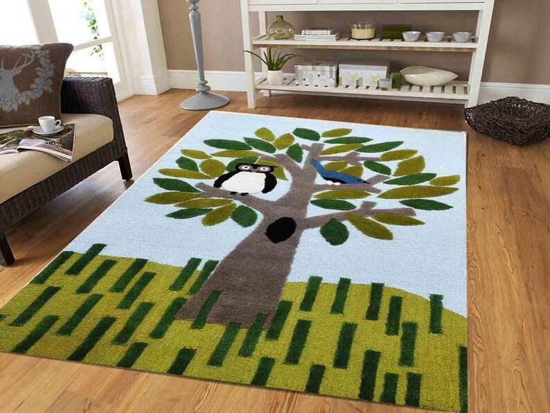 Hand Tufted Tree Owl Bird Nursery Rug, Forest Animal Kids Room Carpet