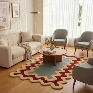 Hand-Tufted Wool Rug: Blue Red Checkered Wavy Edge Scandi Mod Area Rug